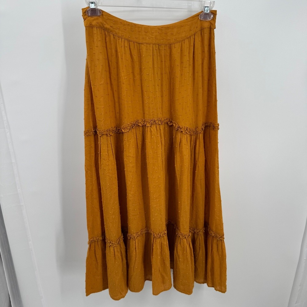 Auguste Maxi Skirt 6 Mustard Yellow Swiss Dot Tiered Ruffle Boho Cottagecore